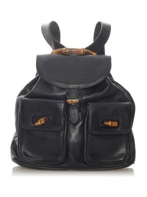 Gucci Vintage Black Leather Bamboo Drawstring Backpack