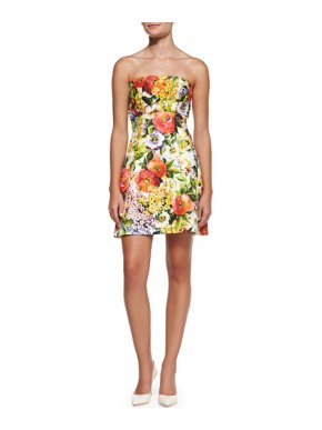 Dolce & Gabbana White Floral Print Jacquard Strapless Mini Dress