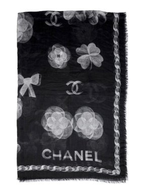 Chanel Black & White Camellia Print Cashmere Scarf