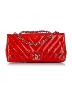 Chanel Red Patent Chevron Quilted Single Flap Bag