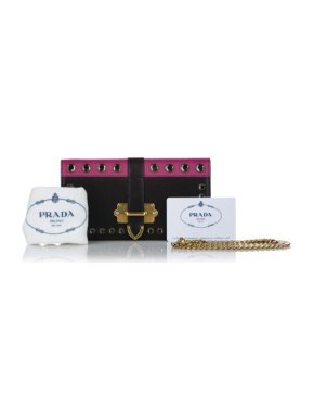 Prada Black & Pink Leather Studded Cahier Wallet on Chain