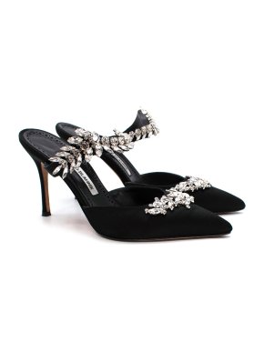 Manolo Blahnik Black Satin Lurum 90 Crystal Embellished Heeled Mules