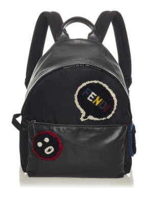 Fendi Black Leather & Shearling Patch Logo Backpack