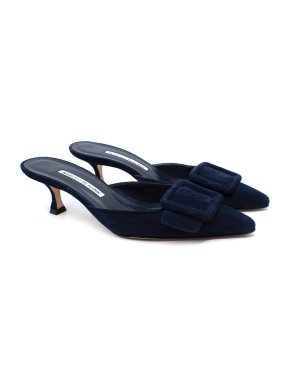 Manolo Blahnik Navy Suede Maysale 50 Heeled Mules