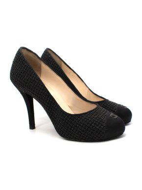Chanel Black Textured Grosgrain Toe Cap Heeled Pumps