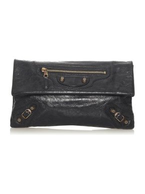 Balenciaga Black Craleque Leather Motocross City Clutch Bag