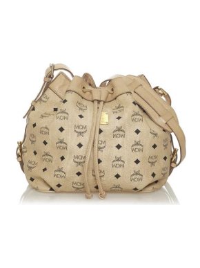 MCM Beige Leather Visetos Drawstring Bucket Bag