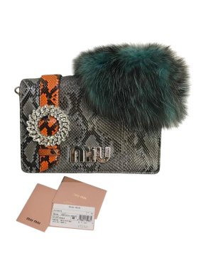Miu Miu Grey Python Skin & Blue Fox Strap Bag