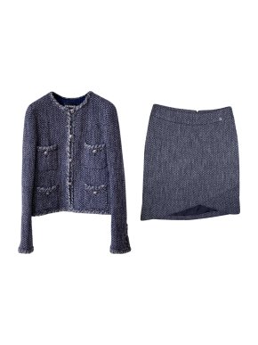 Chanel Blue & Grey Herringbone Tweed Jacket & Skirt Suit