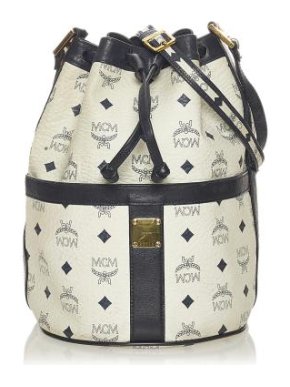 MCM White Visetos Leather Drawstring Bucket Bag