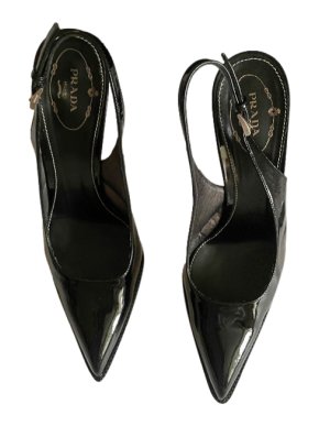 Prada Black Patent Point-Toe Slingback Heeled Pumps