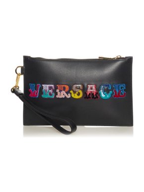 Versace Black Leather Embroidered Logo Clutch Bag