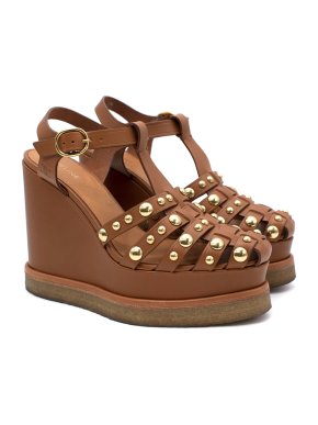 Celine Manon Brown Tan Leather Sandal Wedges