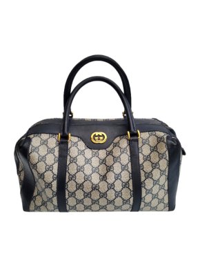 Gucci GG Monogram Canvas & Navy Leather Boston Bag