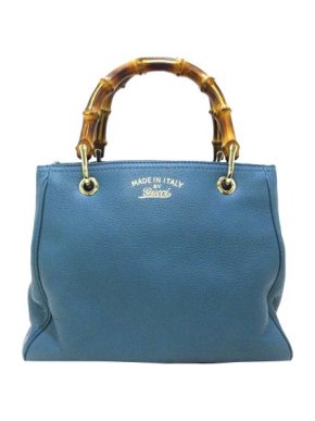 Gucci Blue Leather Bamboo Top Handle Bag