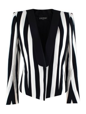 Balmain Black and White Striped Open Front Blazer