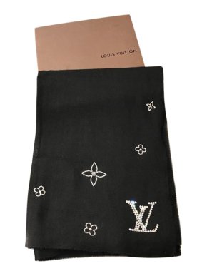 Louis Vuitton Black Cashmere Monogram Embroidered Shawl Scarf