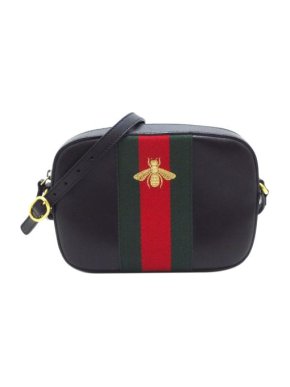 Gucci Black Leather Webby Bee Embroidered Camera Bag