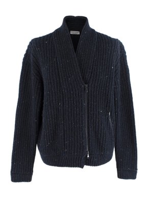 Brunello Cucinelli Navy Wool-Cashmere Shawl-Collar Zip Cardigan