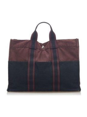 Hermes Vintage Black & Burgundy Canvas Fourre Tout GM Tote Bag