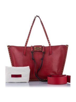 Valentino Garavani Red Leather Rockstud Tasselled Tote Bag
