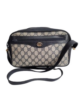 Gucci Navy Leather & GG Monogram Canvas Cross Body Bag