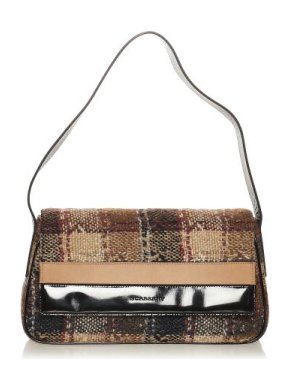 Burberry Brown Plaid & Black Patent Leather Baguette