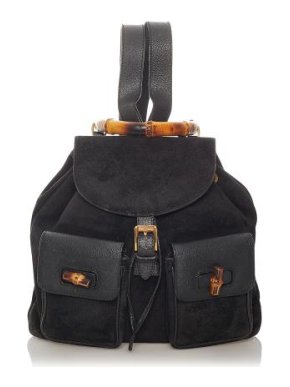 Gucci Vintage Black Suede Bamboo Drawstring Backpack