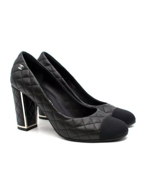 Chanel Black Leather Diamond-Quilted Block Heeled Pumps