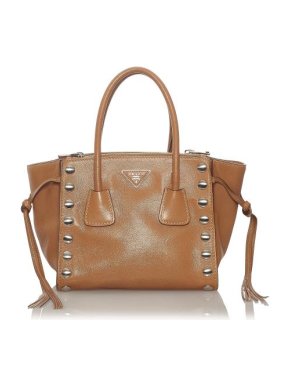 Prada Tan Brown Leather Twin Pocket Studded Bag