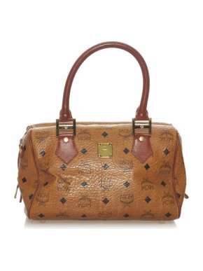 MCM Cognac-Brown Leather Visetos Boston Bag