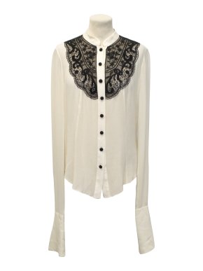 Temperley London Cream Silk Blouse with Black Lace Detailing