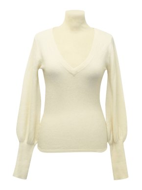 Temperley London Cream White Fine Cashmere V-Neck Jumper