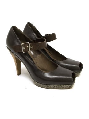 Marni Brown Leather and Tweed Peep Toe Pumps
