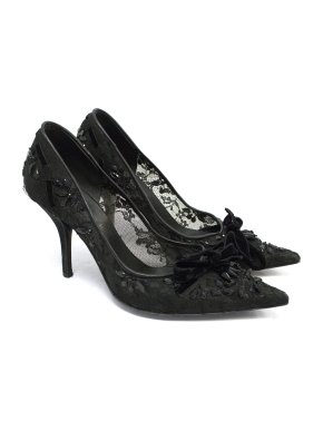 Sergio Rossi Black Lace & Beaded Heels