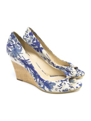 Gucci Blue and White Floral Canvas/Leather Wedges