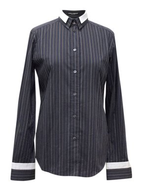 Dolce & Gabbana Blue Shirt with Brown Stripes and White Collar
