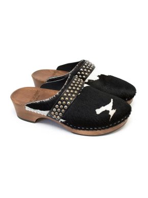 Saint Laurent black and white pony fur clogs