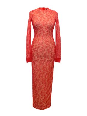 Alessandra Rich Red Long Sleeved Lace Dress