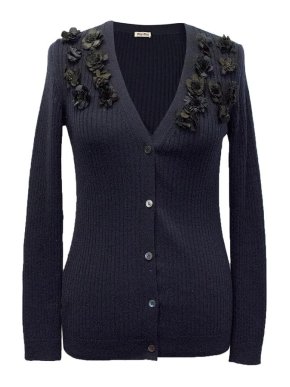Miu Miu Navy Cardigan with 3D Flower Detail