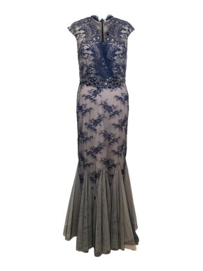 Mikael Aghal Blue Lace Embellished Fishtail Dress