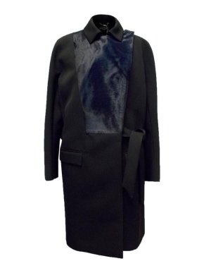 Salvatore Ferragamo Black Long Coat with Navy Lambs Fur