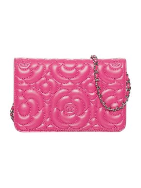 Chanel pink Camelia embossed leather wallet on chain