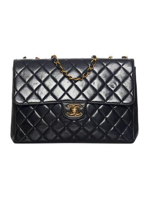 Chanel black lambskin leather quilted jumbo flap bag