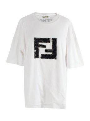 Fendi Beaded FF Logo White Cotton T Shirt
