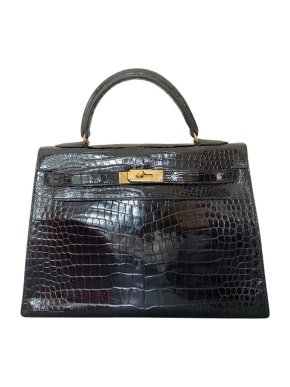 Hermes Vintage Black Lisse Porosus Crocodile Kelly Sellier 32 GHW