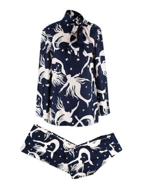 Valentino Garavani Mermaid-Print Navy Silk Trousers & Pussybow Blouse