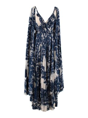 Dior Blue & Ivory Pleated Floral Silk Blend Gown
