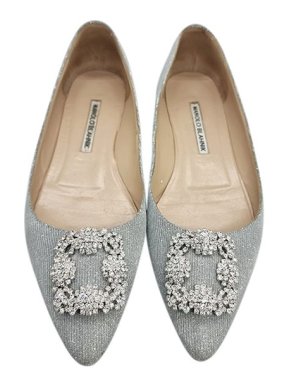 Manolo Blahnik silver glitter & crystal Hangisi flat pumps