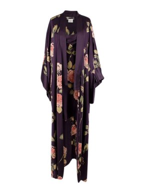 Bergdorf & Goodman purple floral silk satin slip & robe
